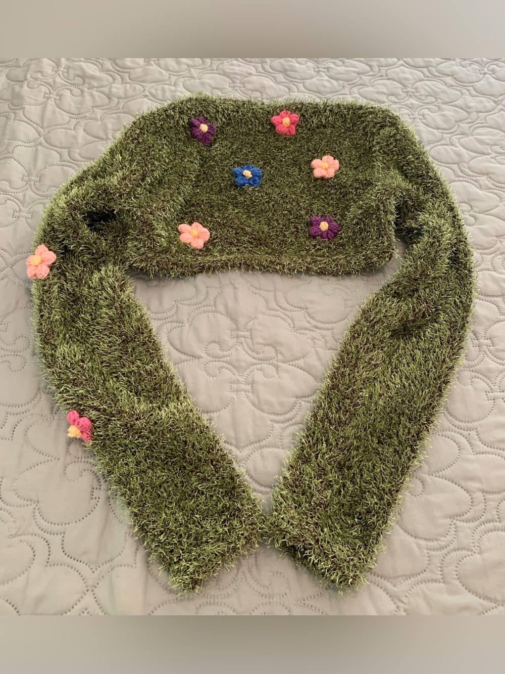dELiA*s Dollskill Shaggy Fuzzy Moss Green Crop Shrug Bolero Floral Cardigan S - Picture 9 of 13